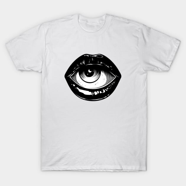 Black lips with eyeball surreal T-Shirt by OccultOmaStore